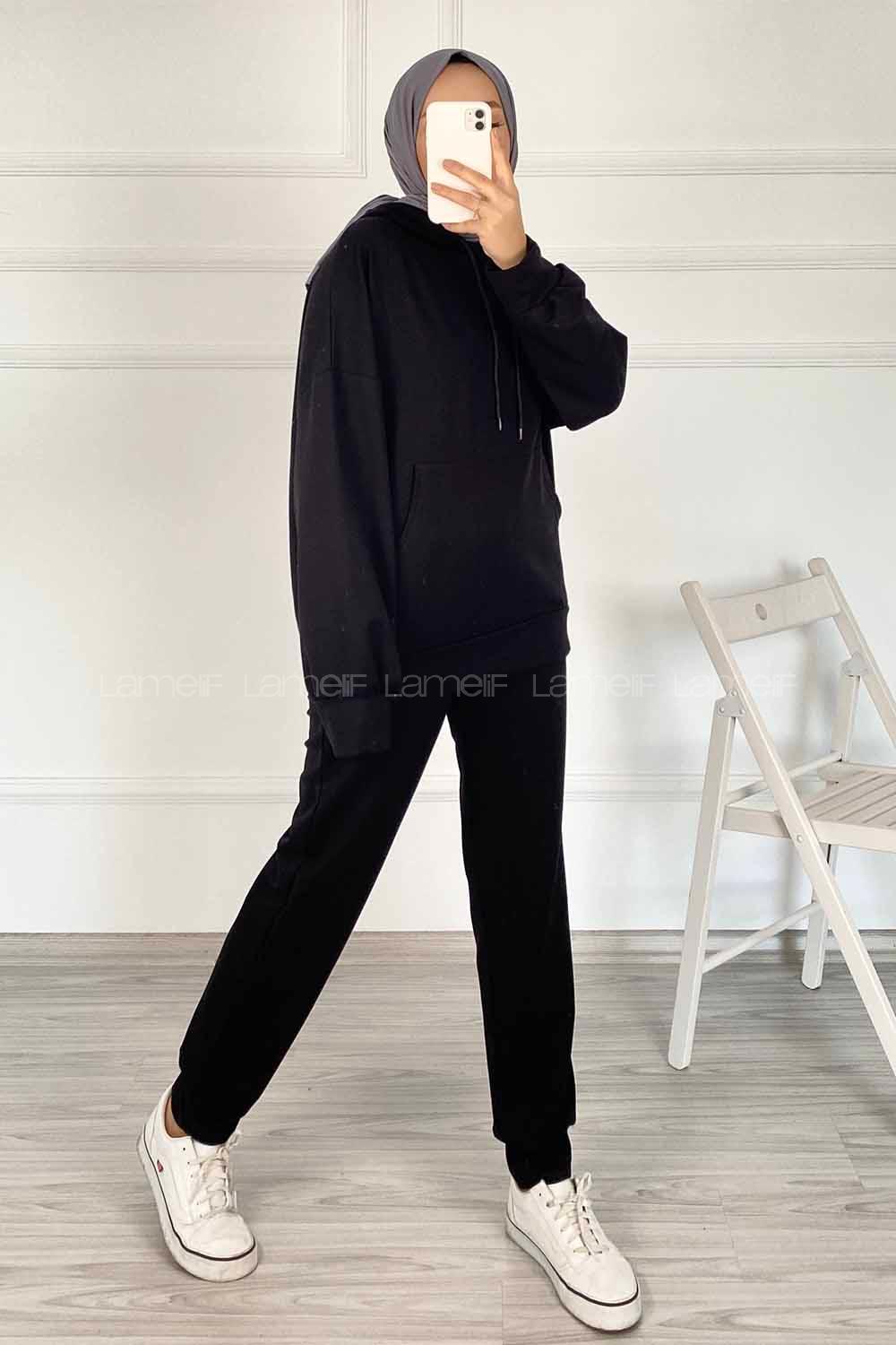 Modalamelif Kapüşon Detaylı Kanguru Cepli İkili Takım Siyah