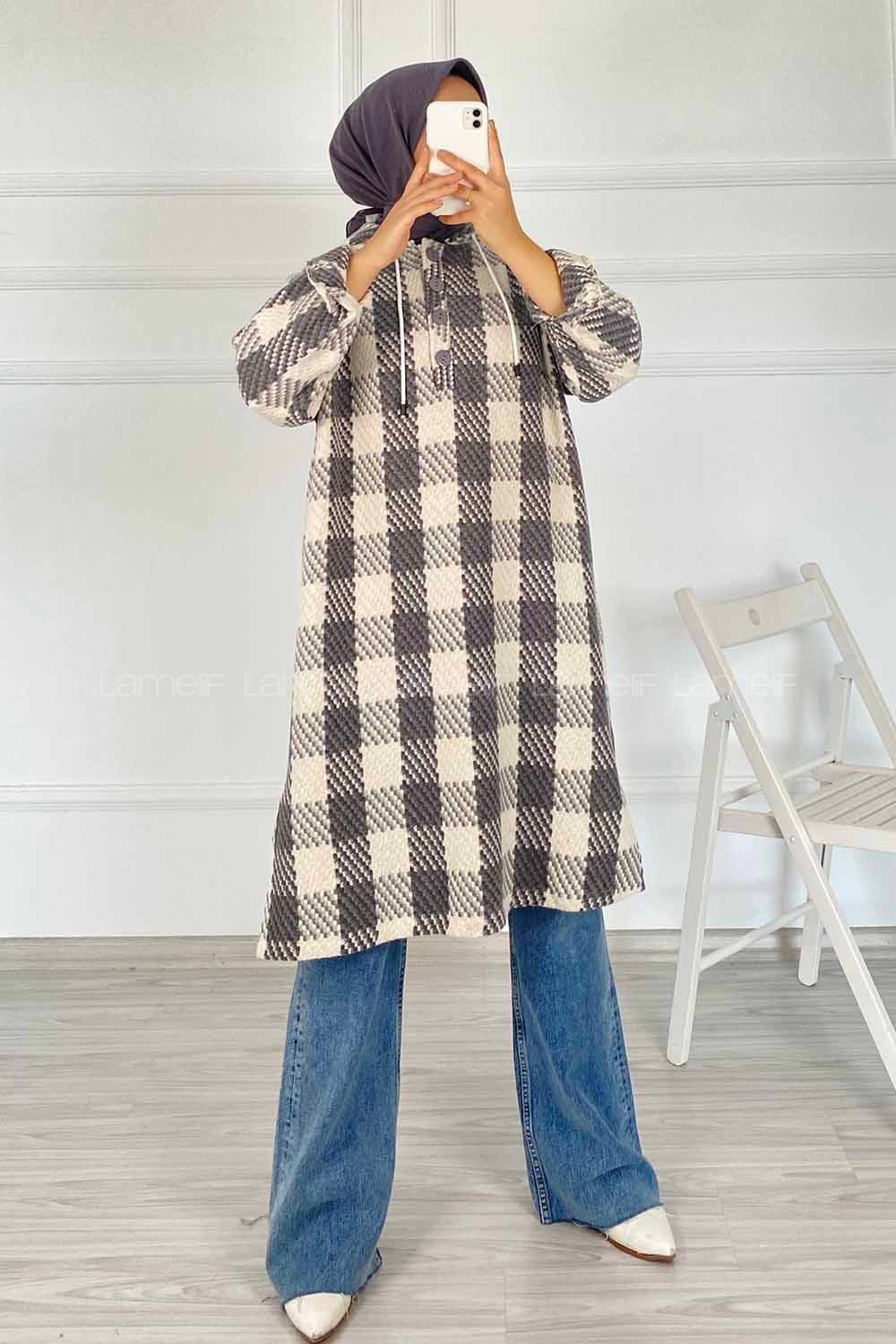 Modalamelif Kapüşonlu Yarım Düğmeli Ekose Desen Kap Gri