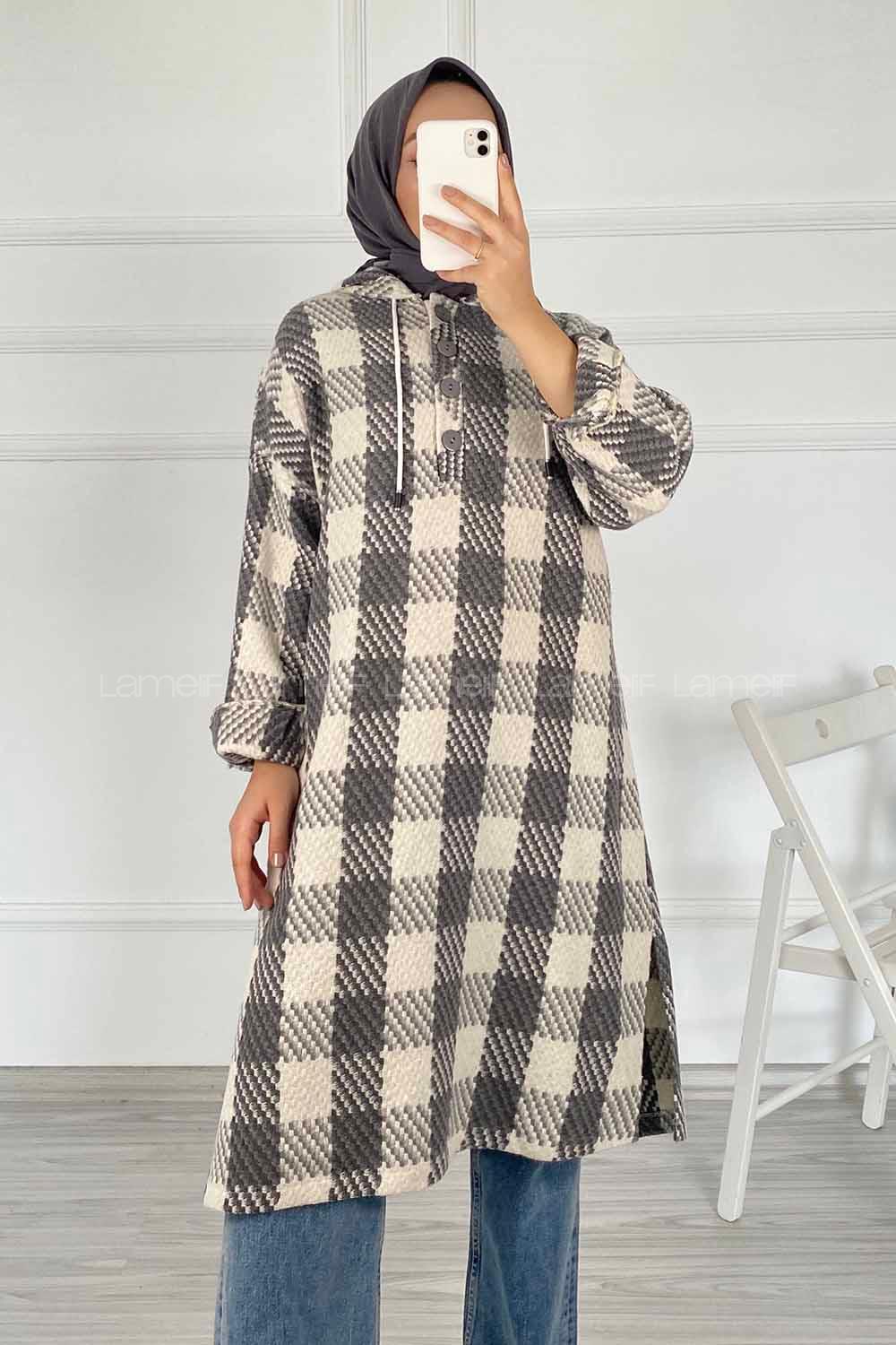 Modalamelif Kapüşonlu Yarım Düğmeli Ekose Desen Kap Gri