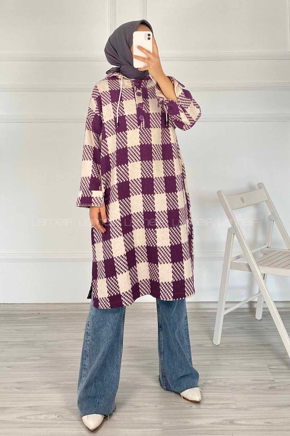 Modalamelif Kapüşonlu Yarım Düğmeli Ekose Desen Tunik Mor