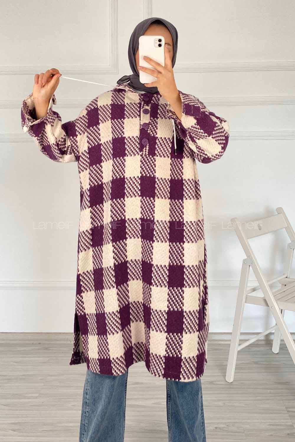 Modalamelif Kapüşonlu Yarım Düğmeli Ekose Desen Tunik Mor