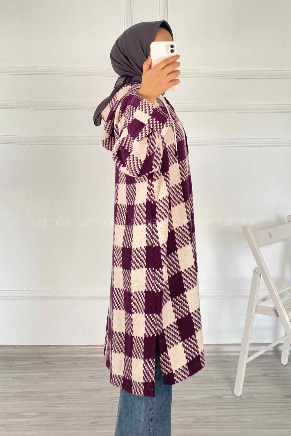 Modalamelif Kapüşonlu Yarım Düğmeli Ekose Desen Tunik Mor