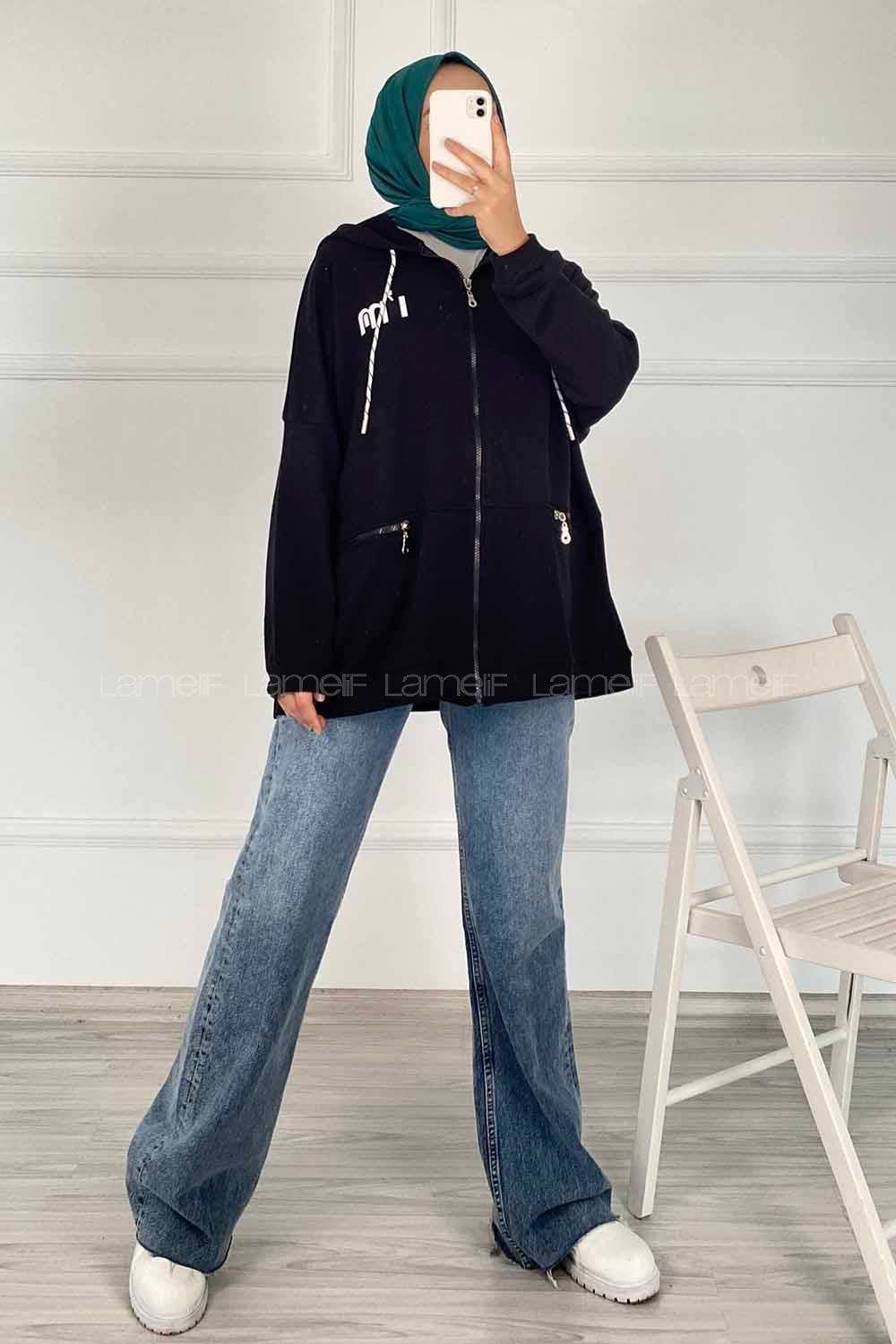 Modalamelif Kapüşonlu Yazı Baskılı Fermuarlı Çift Cepli Hırka Siyah