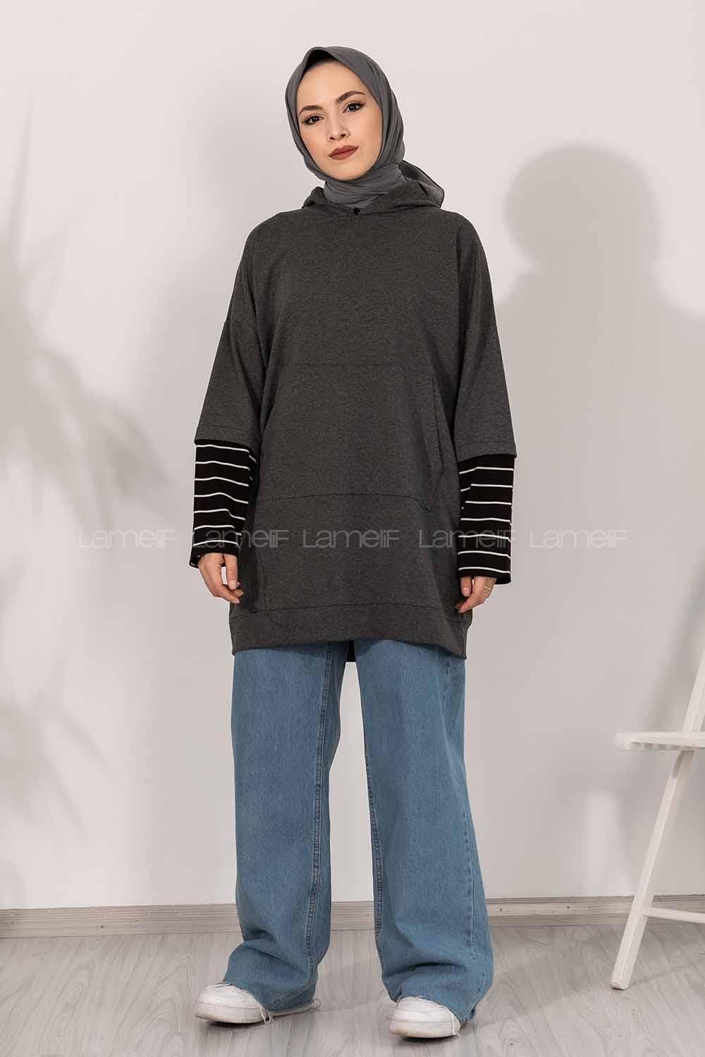 Modalamelif Kol Çizgi Garnili Kapüşon Detaylı Antrasit