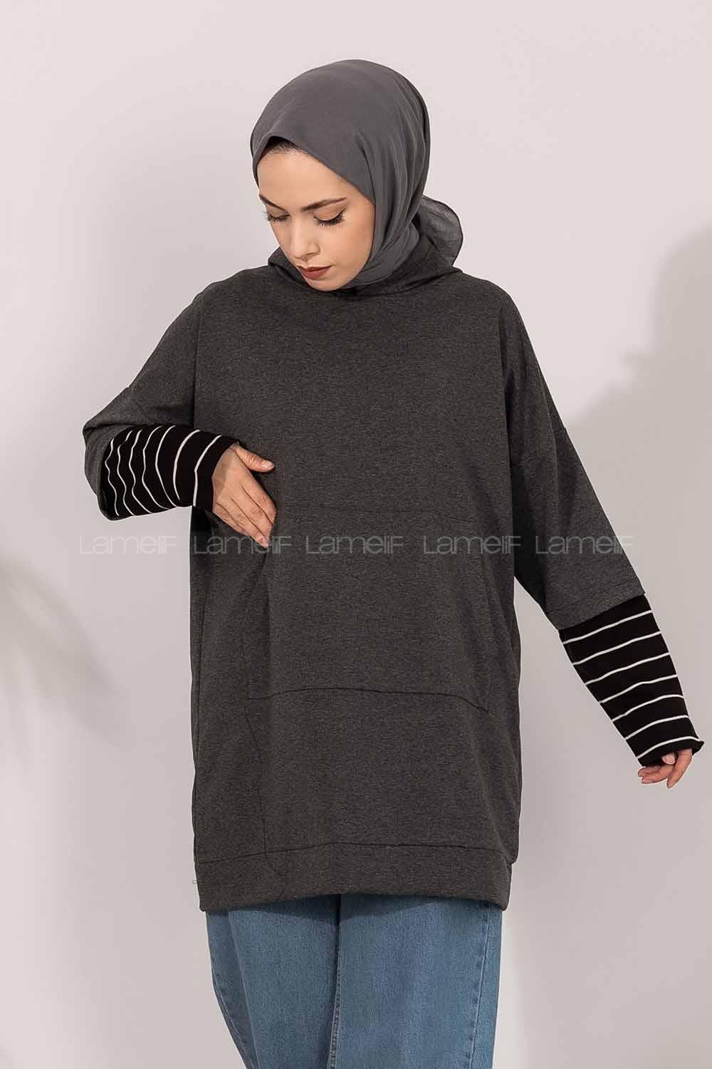Modalamelif Kol Çizgi Garnili Kapüşon Detaylı Antrasit