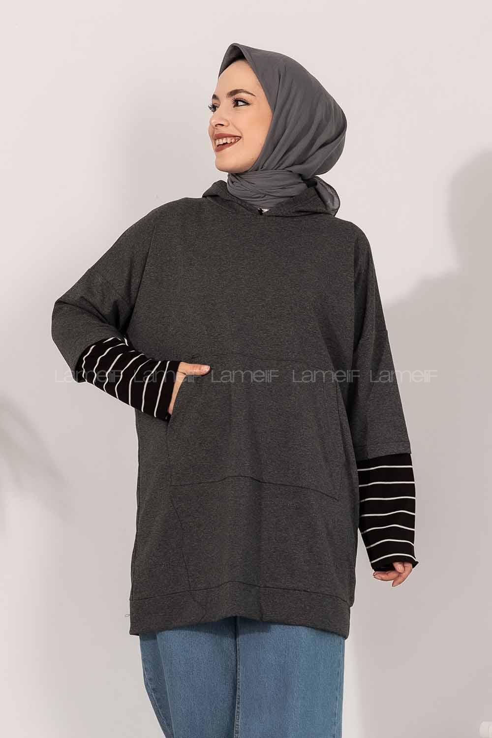 Modalamelif Kol Çizgi Garnili Kapüşon Detaylı Antrasit