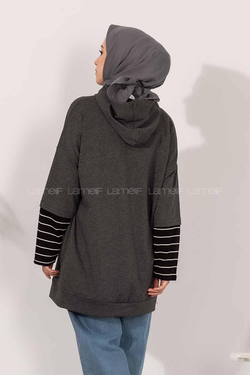 Modalamelif Kol Çizgi Garnili Kapüşon Detaylı Antrasit