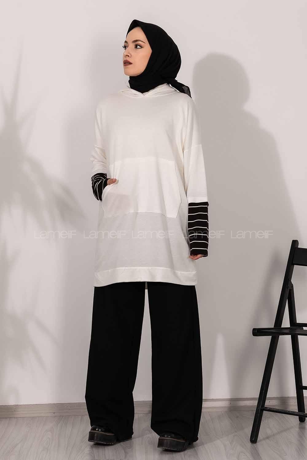 Modalamelif Kol Çizgi Garnili Kapüşon Detaylı Beyaz