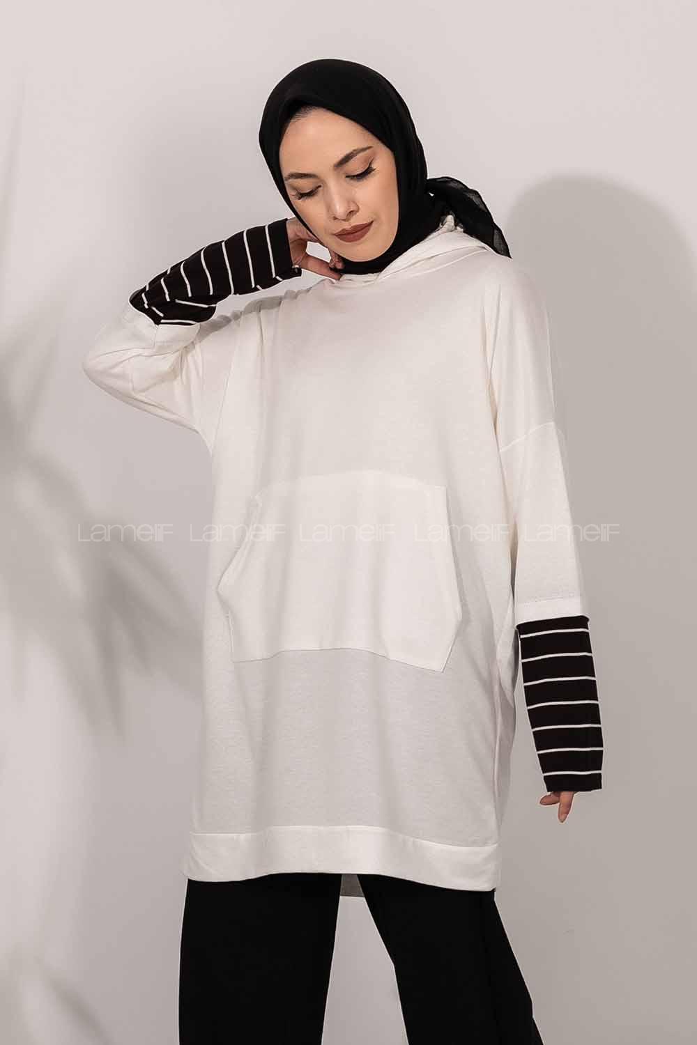 Modalamelif Kol Çizgi Garnili Kapüşon Detaylı Beyaz