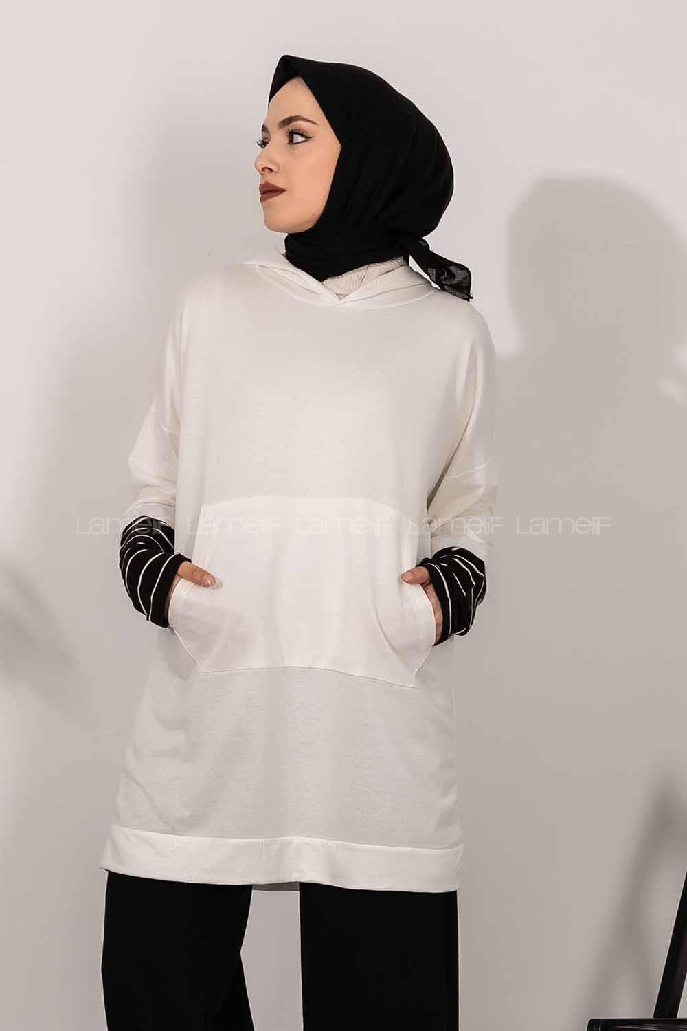 Modalamelif Kol Çizgi Garnili Kapüşon Detaylı Beyaz