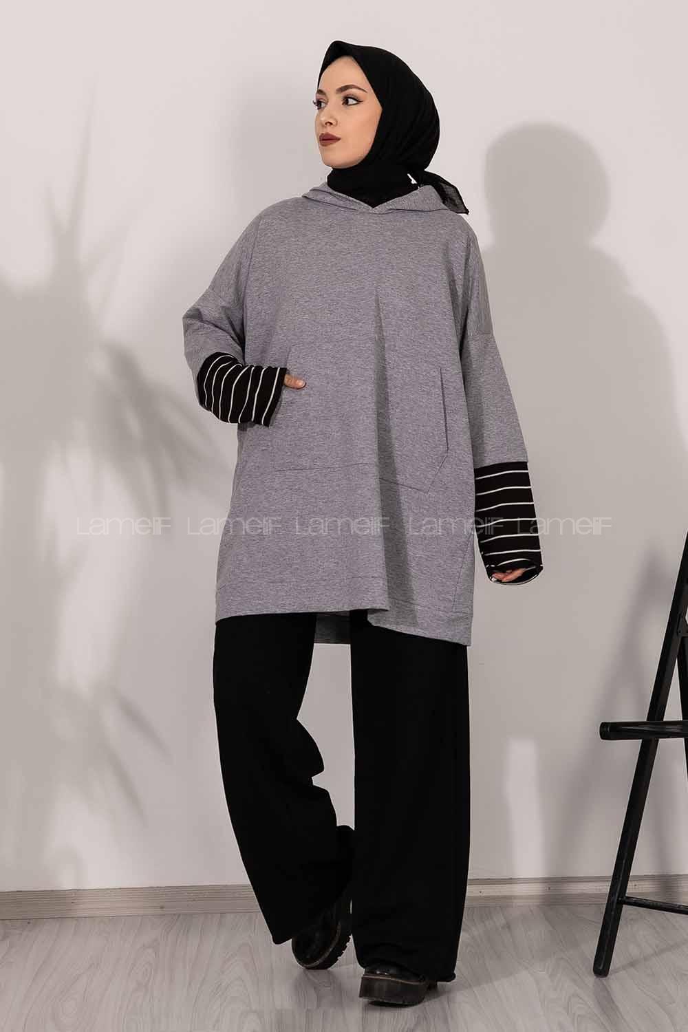 Çizgi Garnili Kapüşon Detaylı Gri