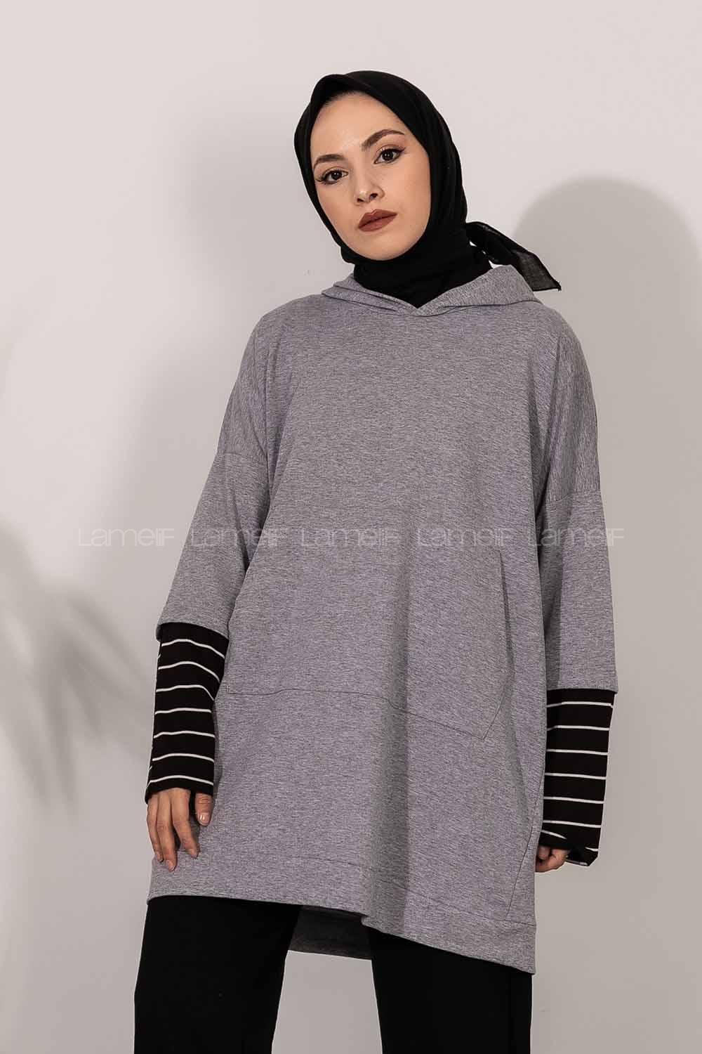 Çizgi Garnili Kapüşon Detaylı Gri