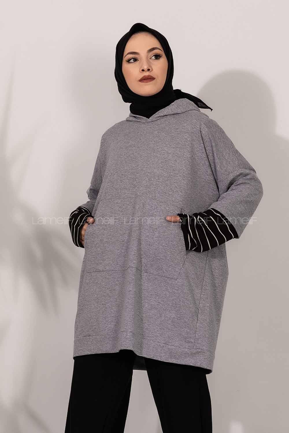 Çizgi Garnili Kapüşon Detaylı Gri
