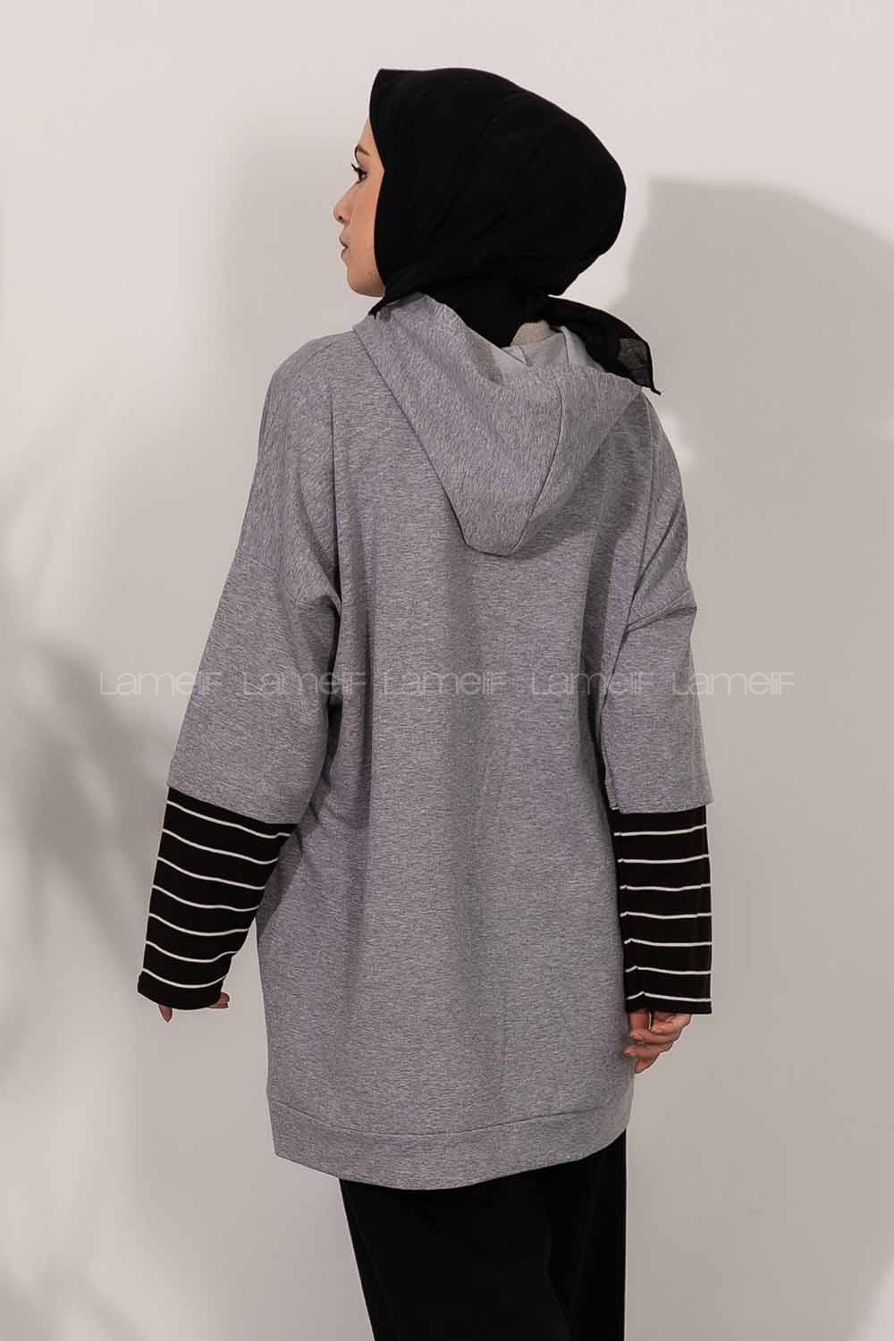 Çizgi Garnili Kapüşon Detaylı Gri
