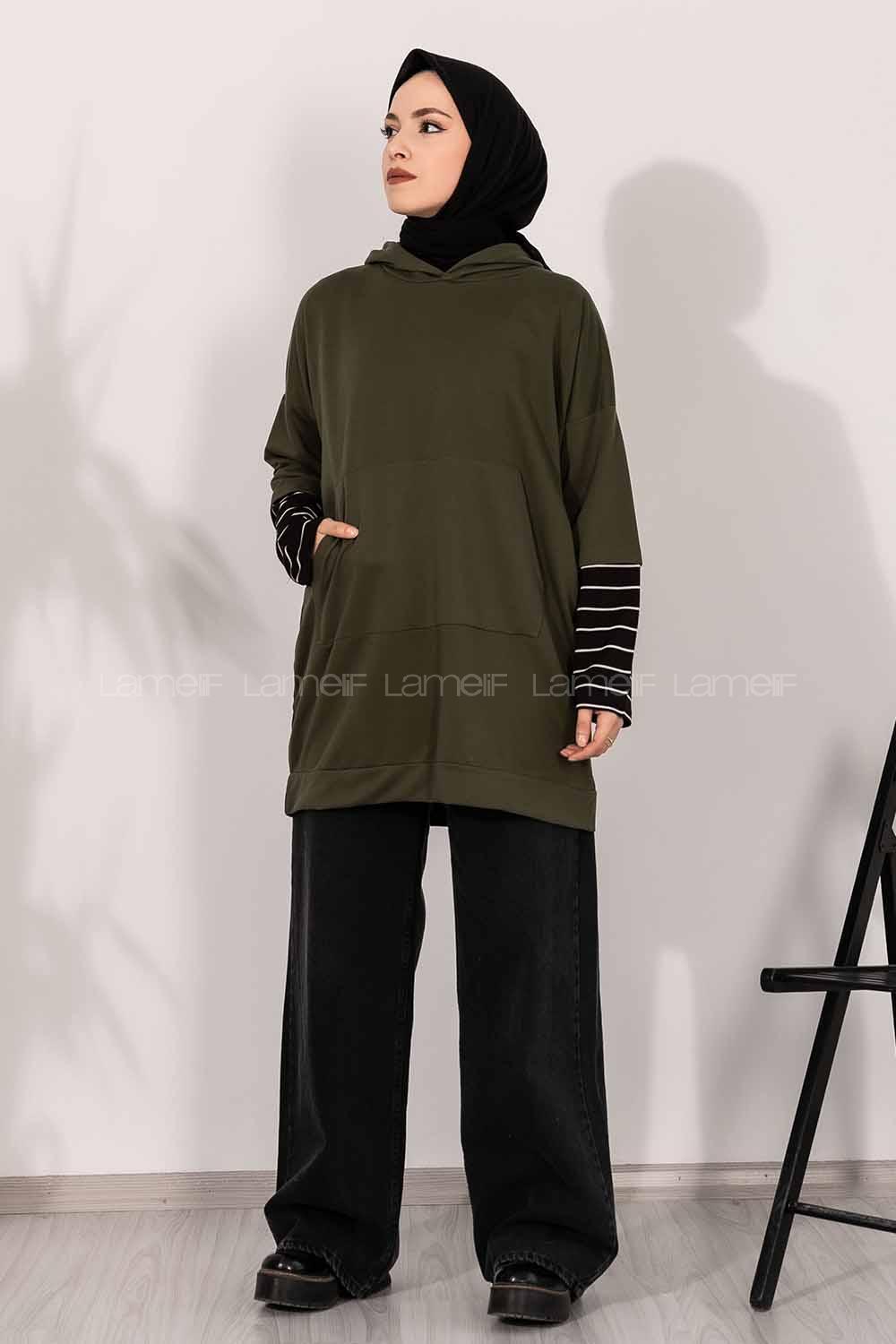 Modalamelif Kol Çizgi Garnili Kapüşon Detaylı Haki Yeşil