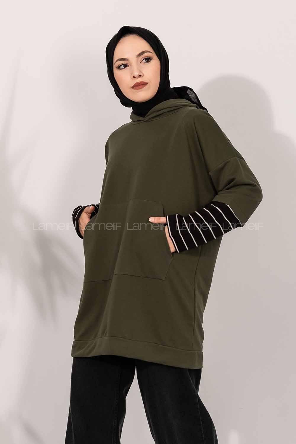 Modalamelif Kol Çizgi Garnili Kapüşon Detaylı Haki Yeşil
