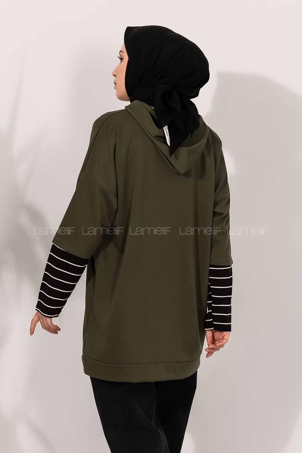 Modalamelif Kol Çizgi Garnili Kapüşon Detaylı Haki Yeşil