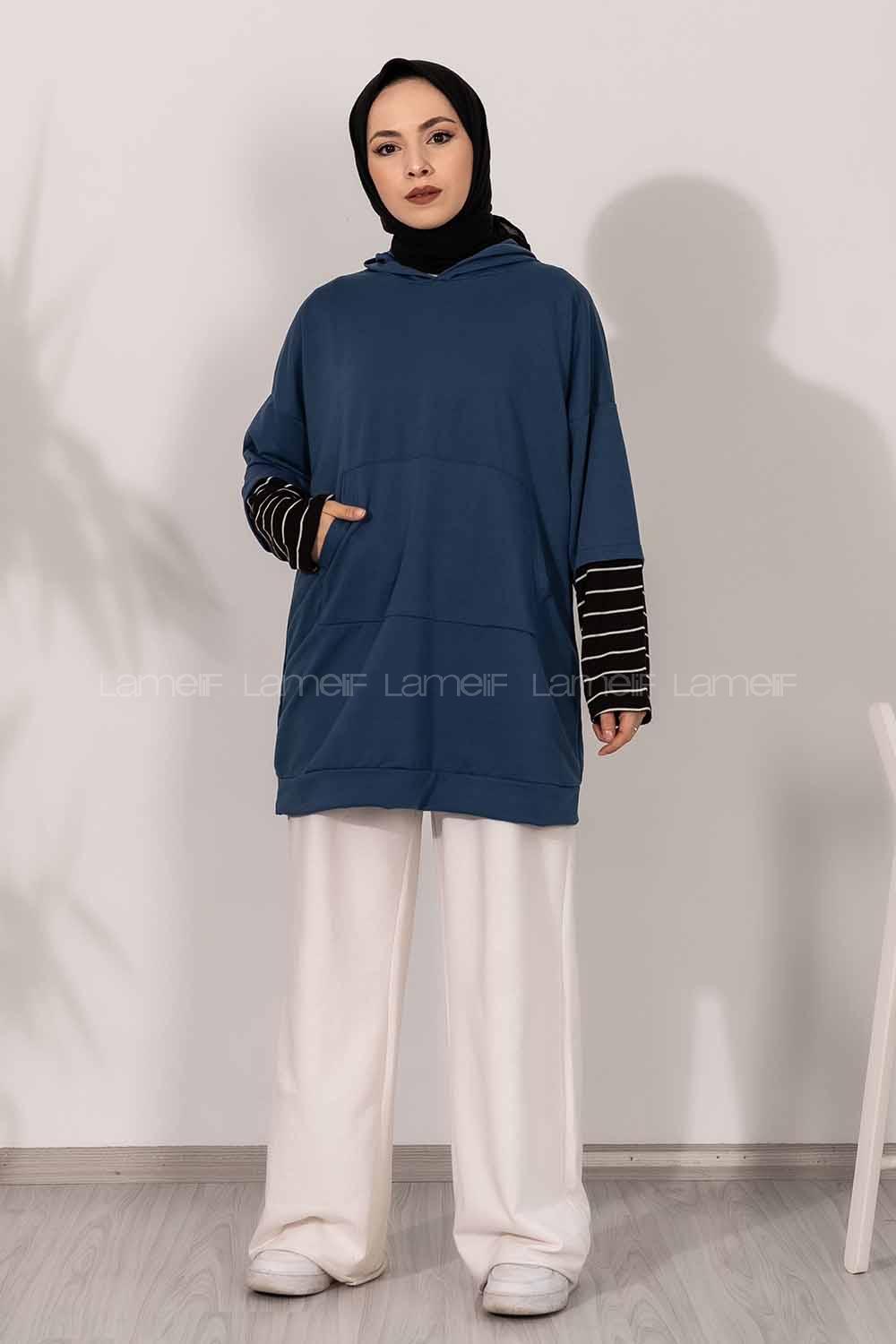 Modalamelif Kol Çizgi Garnili Kapüşon Detaylı Mavi