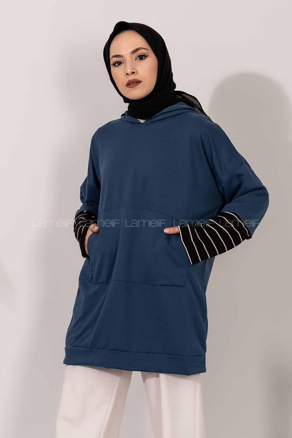 Modalamelif Kol Çizgi Garnili Kapüşon Detaylı Mavi