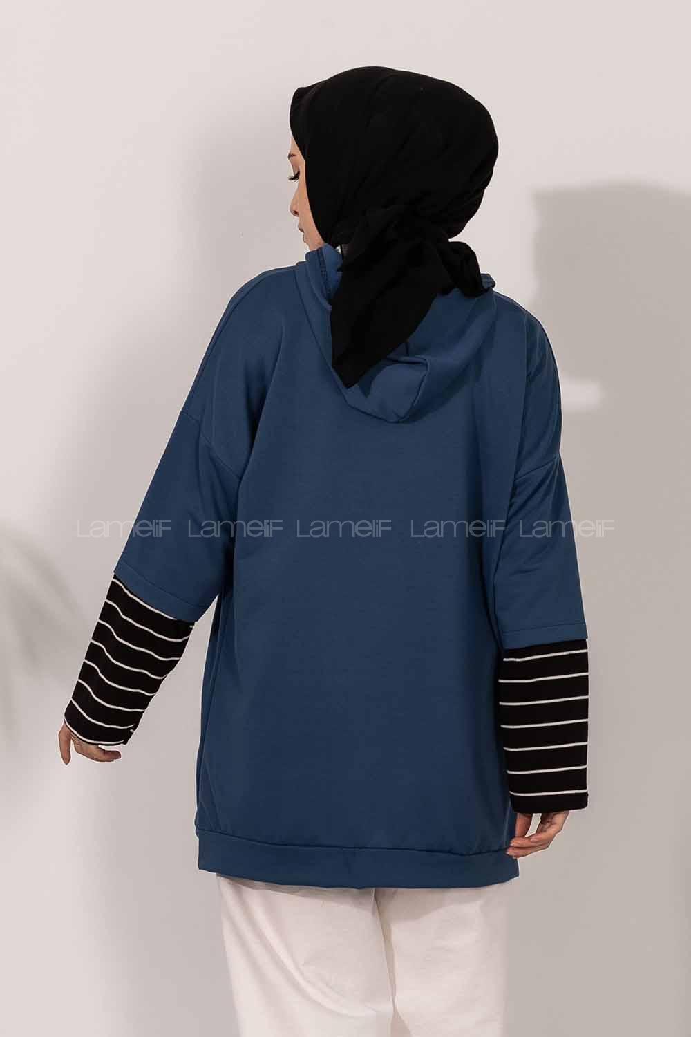 Modalamelif Kol Çizgi Garnili Kapüşon Detaylı Mavi