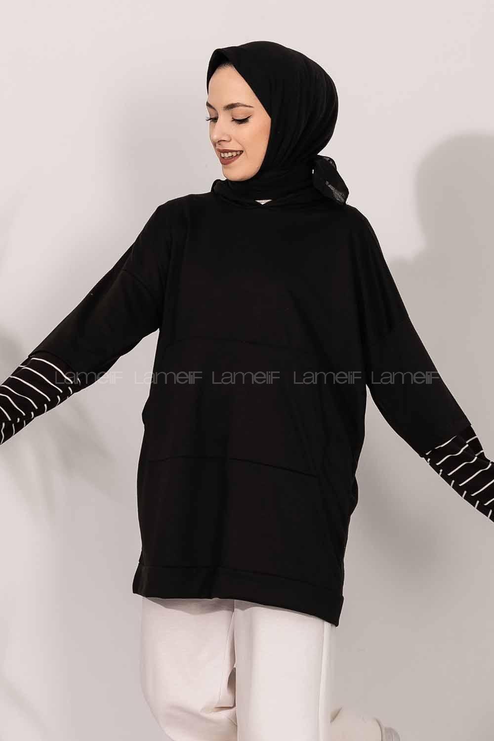 Modalamelif Kol Çizgi Garnili Kapüşon Detaylı Siyah