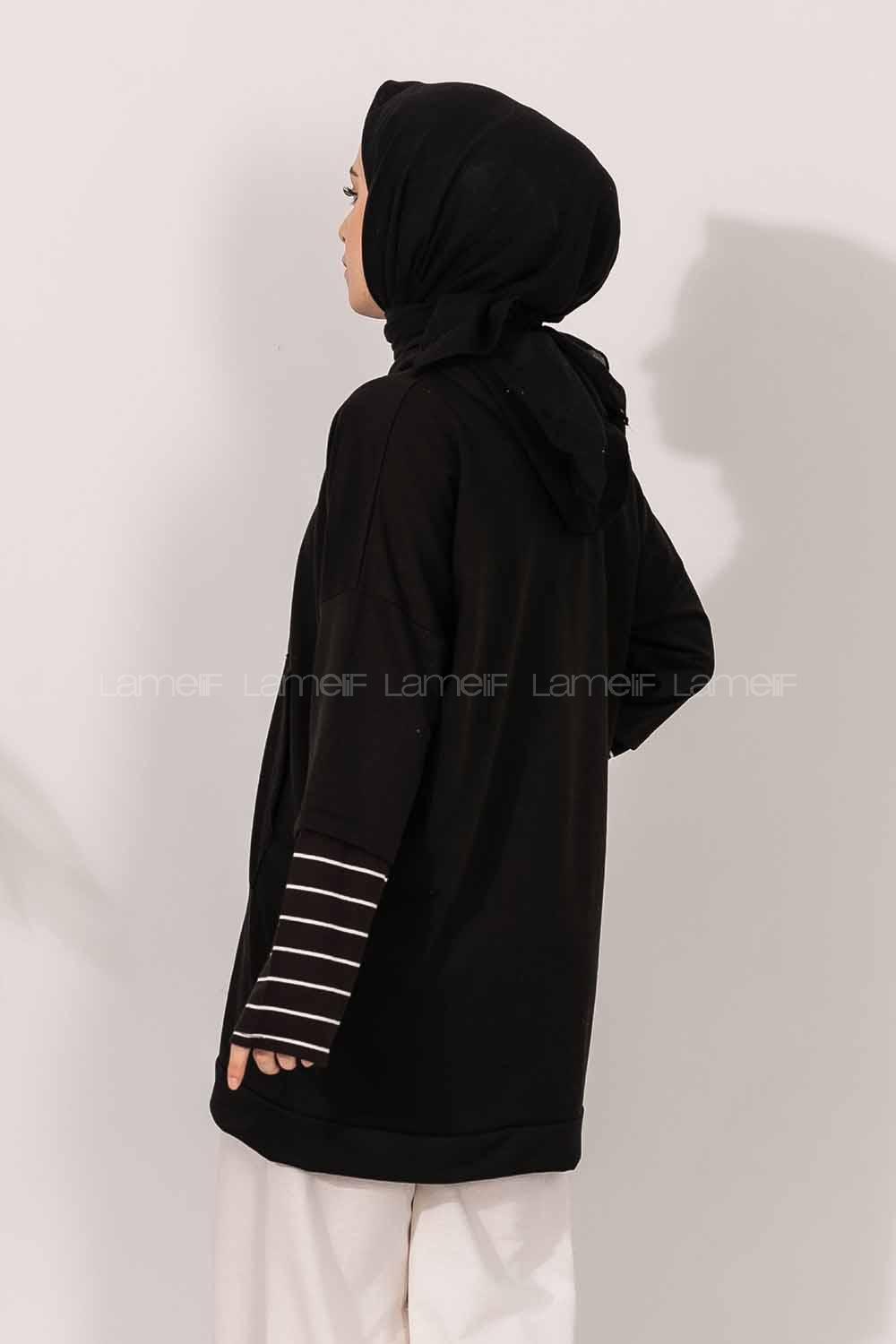 Modalamelif Kol Çizgi Garnili Kapüşon Detaylı Siyah