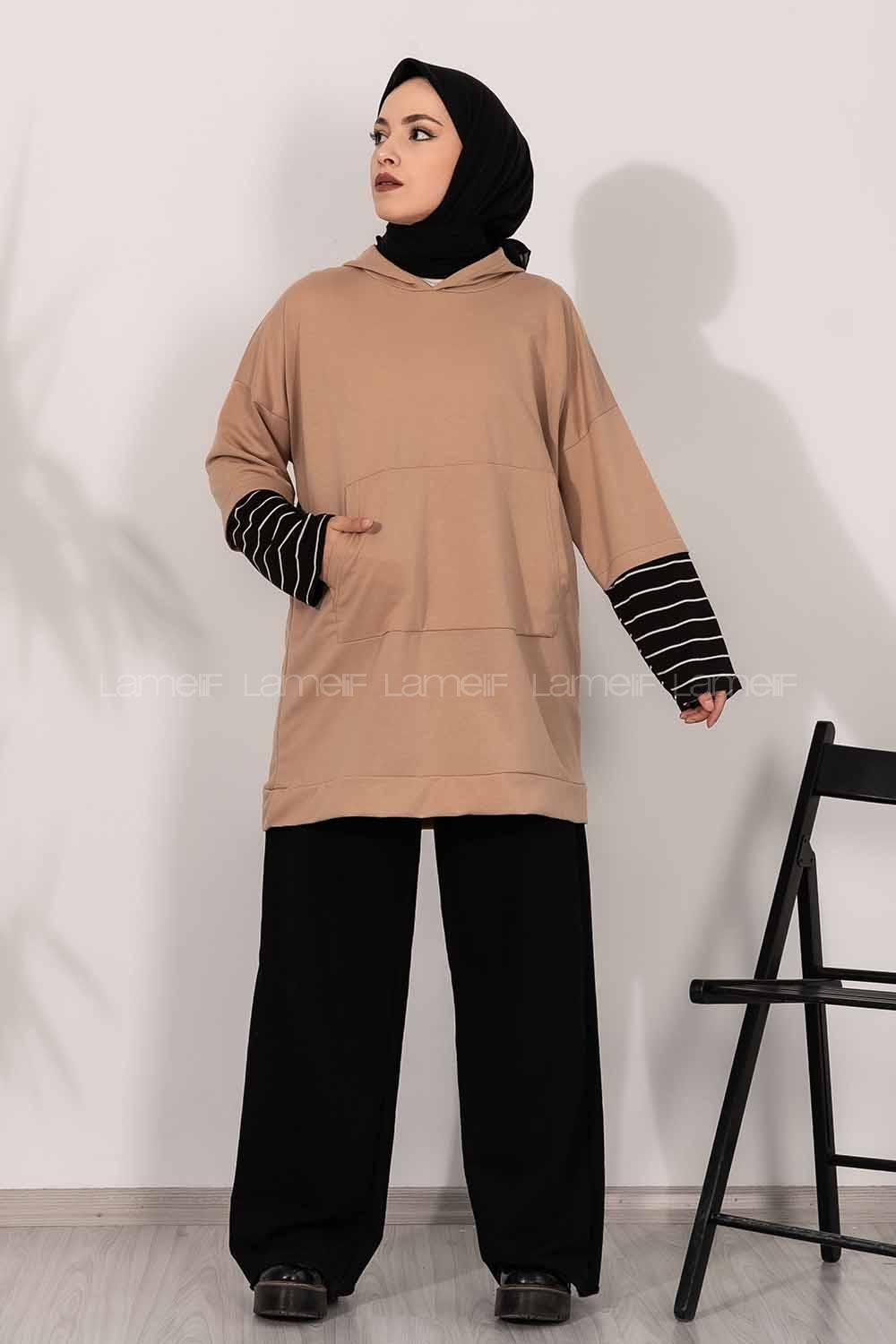 Modalamelif Kol Çizgi Garnili Kapüşon Detaylı Sütlü Kahve