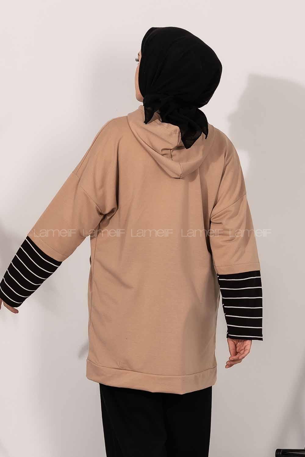 Modalamelif Kol Çizgi Garnili Kapüşon Detaylı Sütlü Kahve