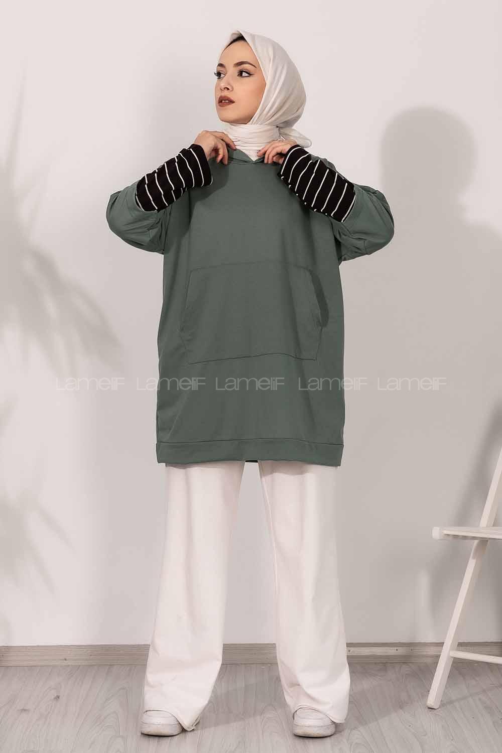 Modalamelif Kol Çizgi Garnili Kapüşon Detaylı Tunik Pastel Yeşil