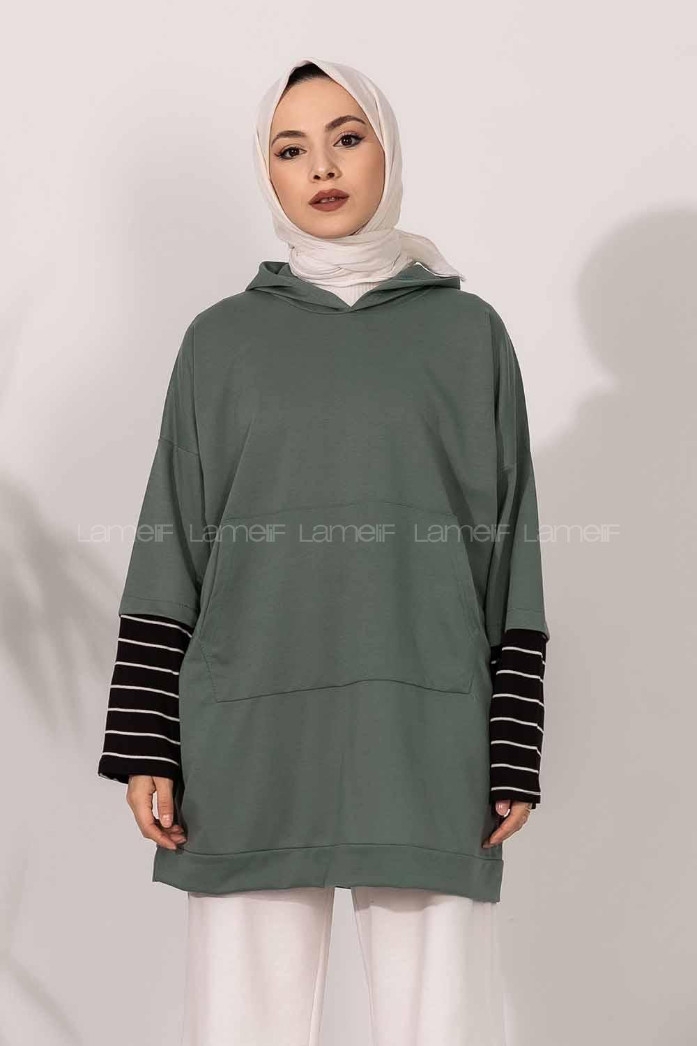 Modalamelif Kol Çizgi Garnili Kapüşon Detaylı Tunik Pastel Yeşil