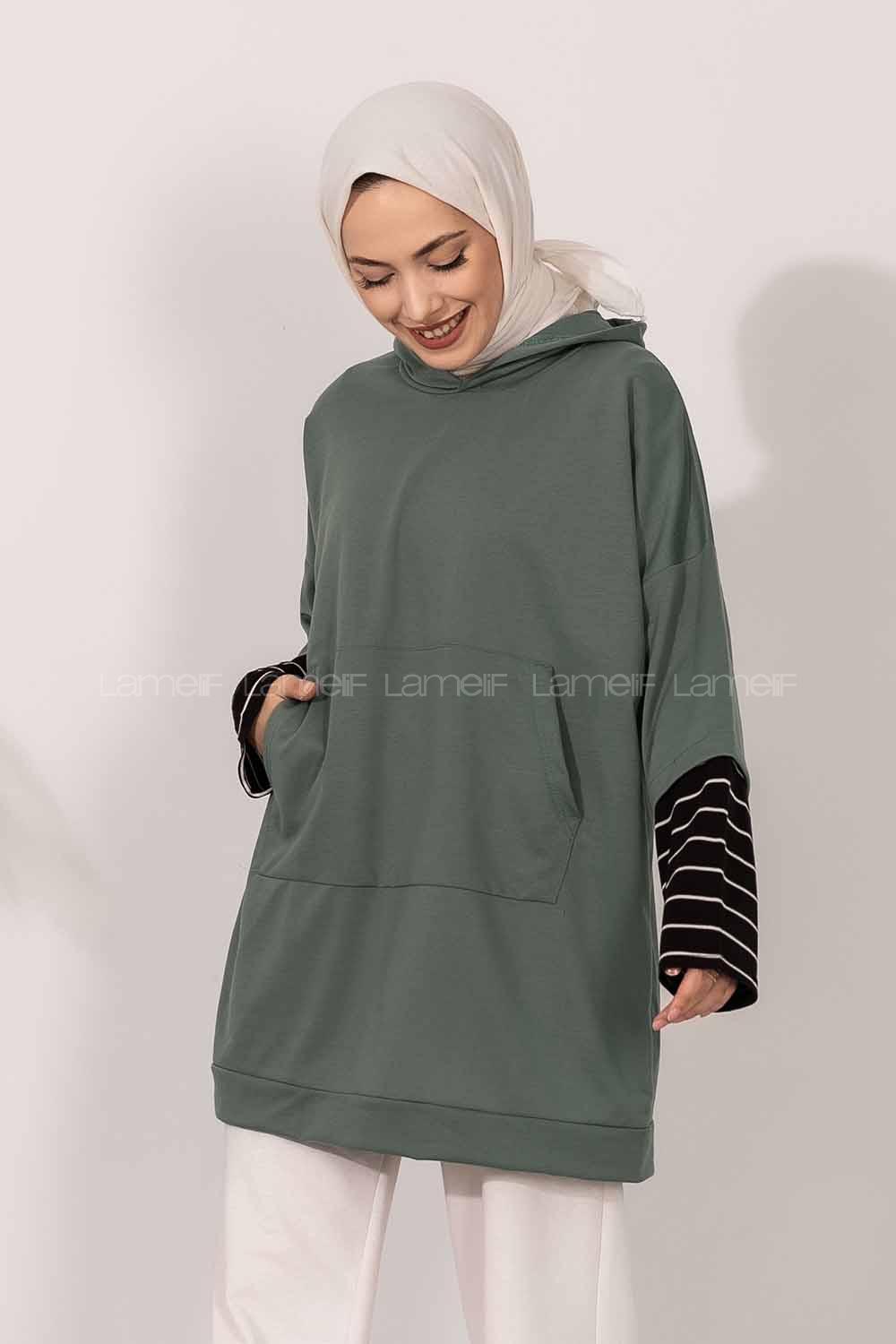 Modalamelif Kol Çizgi Garnili Kapüşon Detaylı Tunik Pastel Yeşil