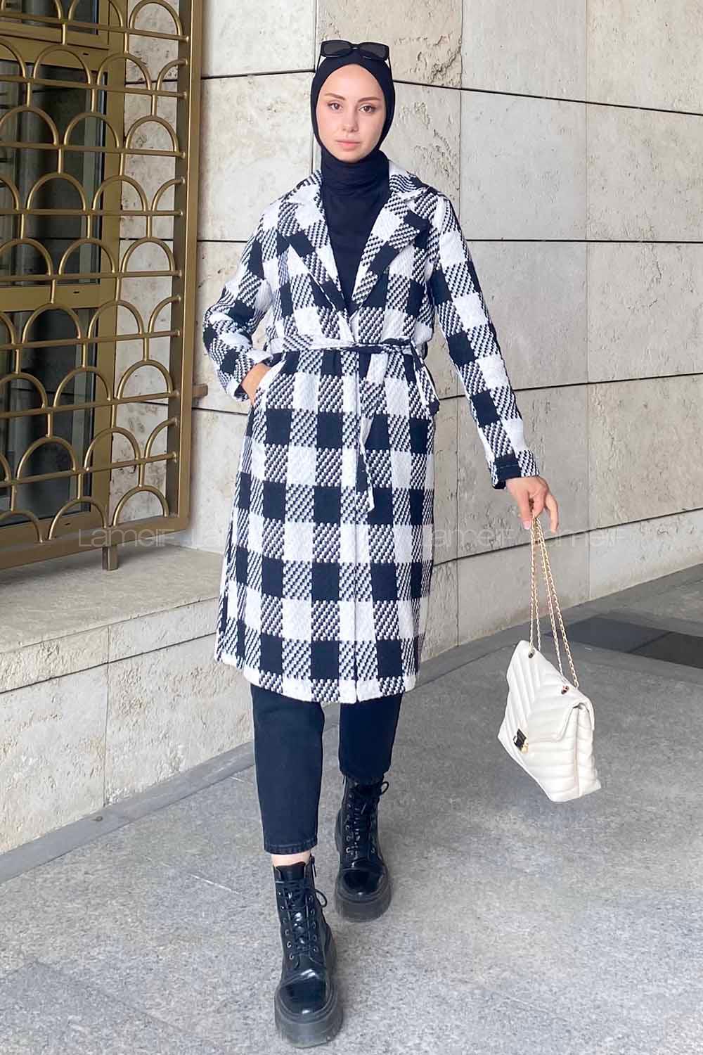 Modalamelif Kuşak Bağlama Detaylı Çift Cepli Kaban Siyah