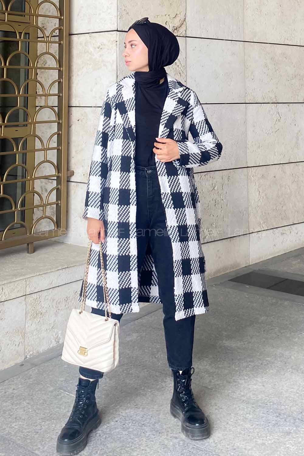 Modalamelif Kuşak Bağlama Detaylı Çift Cepli Kaban Siyah