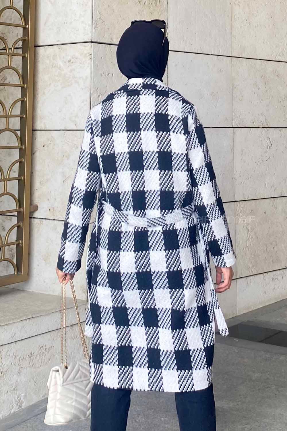 Modalamelif Kuşak Bağlama Detaylı Çift Cepli Kaban Siyah