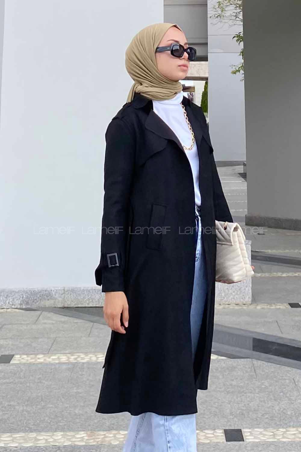 Modalamelif Kuşak Bağlamalı Omuz Apoletli Süet Trenç Siyah