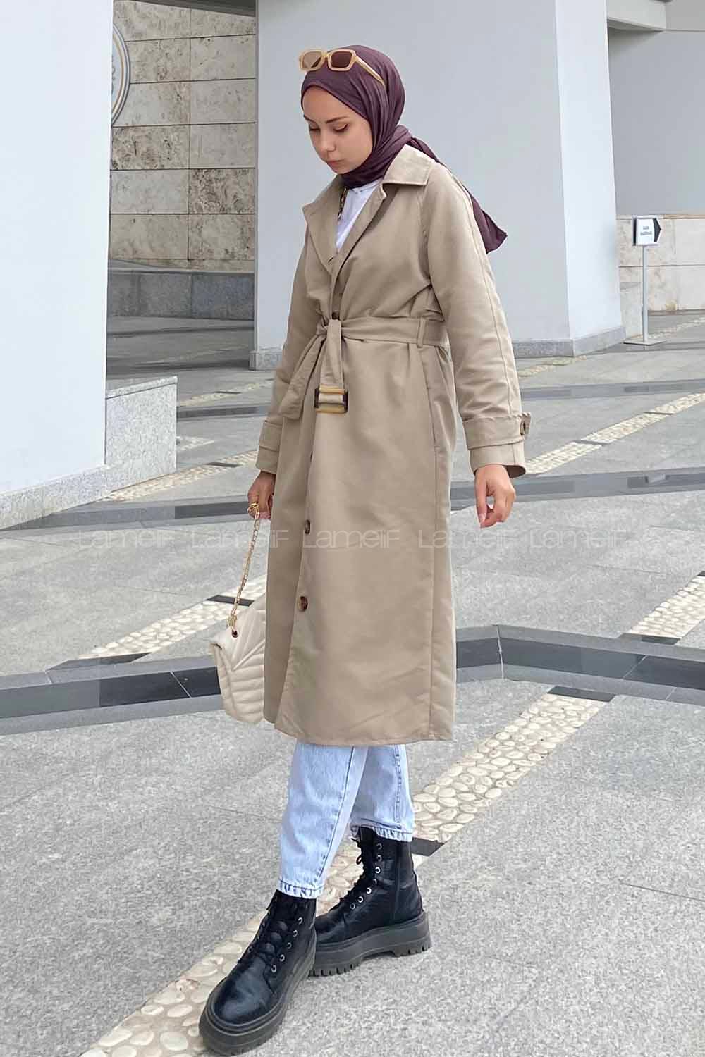 Modalamelif Önü Boydan Düğmeli Beli Kemerli Trenç Bej