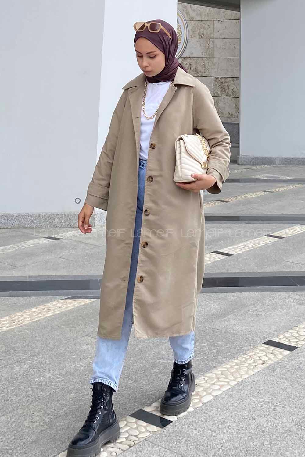 Modalamelif Önü Boydan Düğmeli Beli Kemerli Trenç Bej