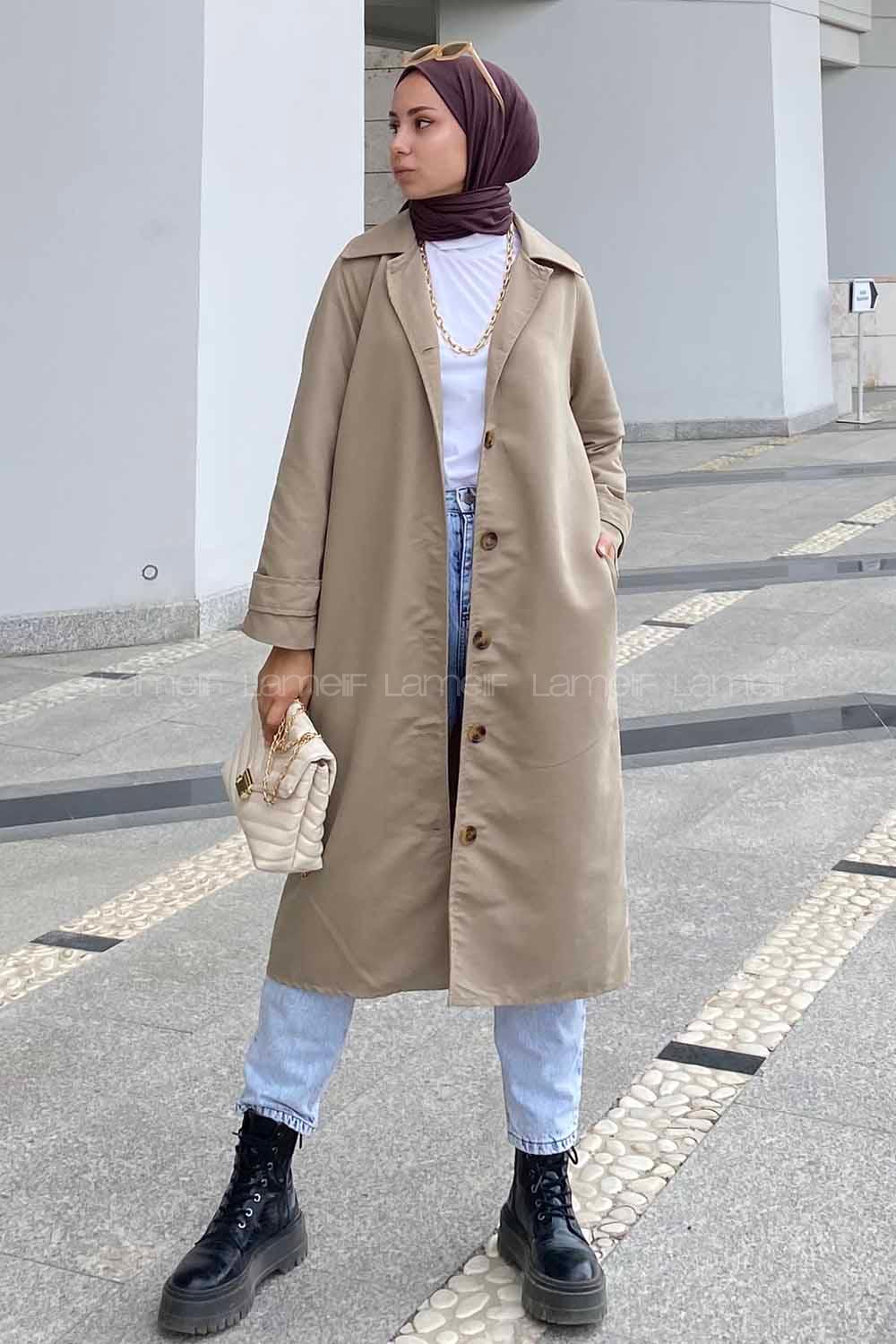 Modalamelif Önü Boydan Düğmeli Beli Kemerli Trenç Bej