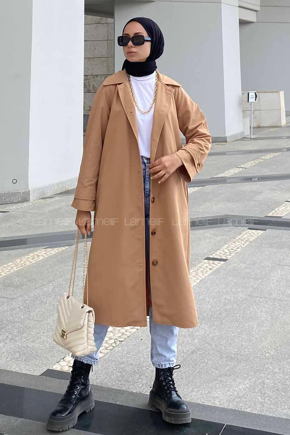 Modalamelif Önü Boydan Düğmeli Beli Kemerli Trenç Camel