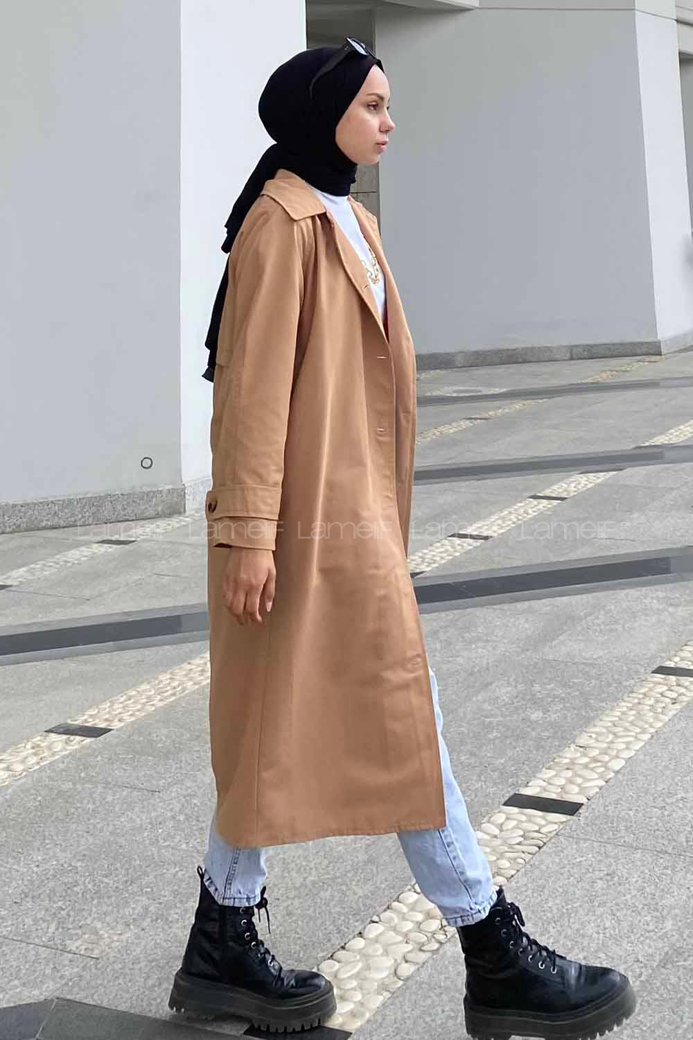 Modalamelif Önü Boydan Düğmeli Beli Kemerli Trenç Camel