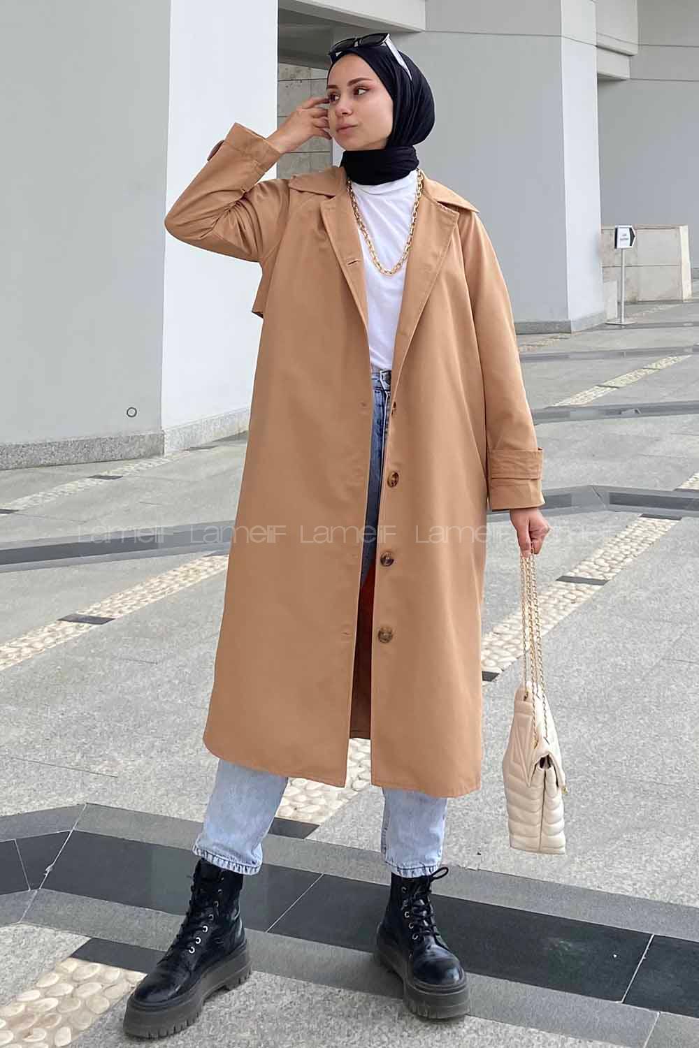 Modalamelif Önü Boydan Düğmeli Beli Kemerli Trenç Camel