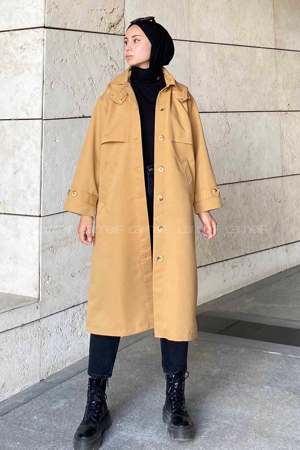 Modalamelif Önü Boydan Düğmeli Kapüşon Detaylı Trenç Camel