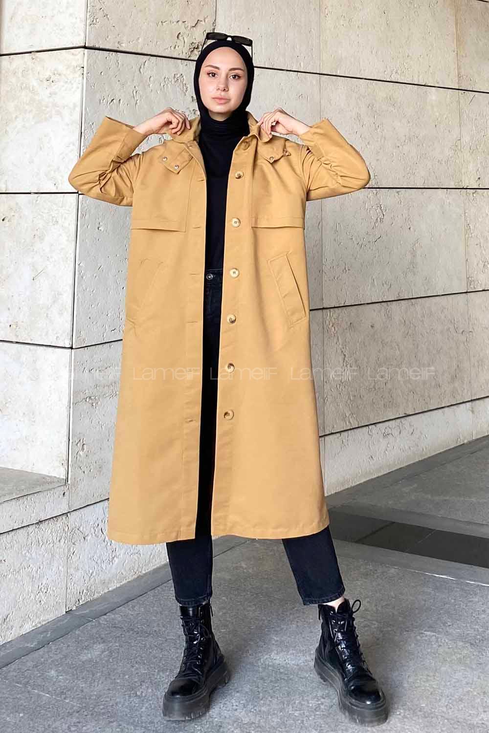 Modalamelif Önü Boydan Düğmeli Kapüşon Detaylı Trenç Camel