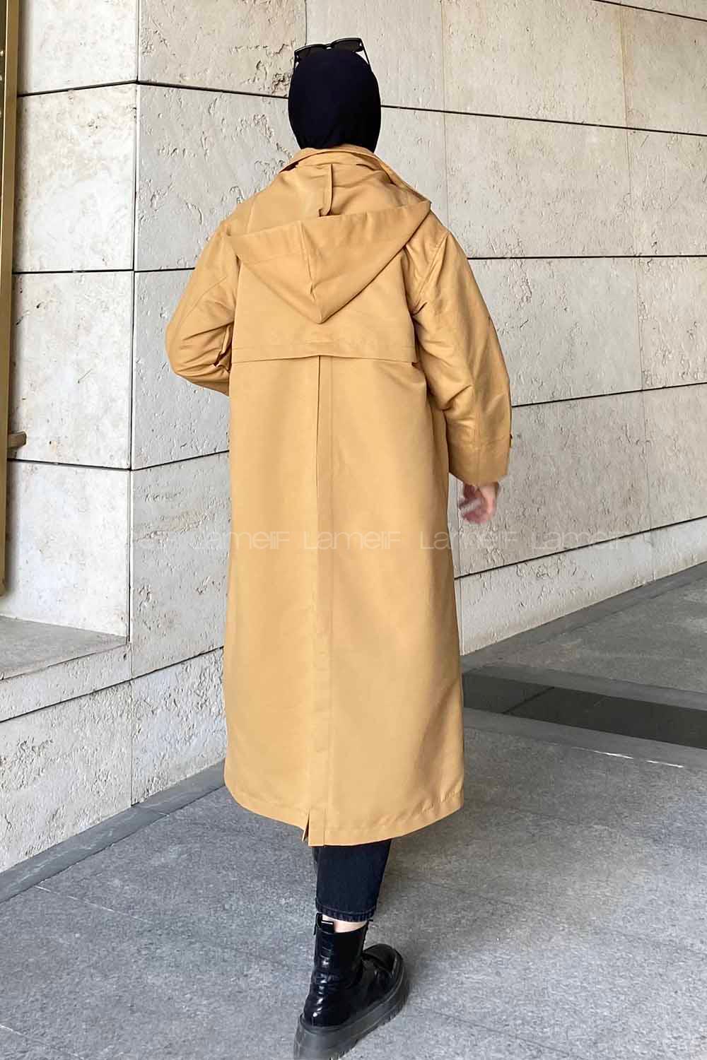 Modalamelif Önü Boydan Düğmeli Kapüşon Detaylı Trenç Camel