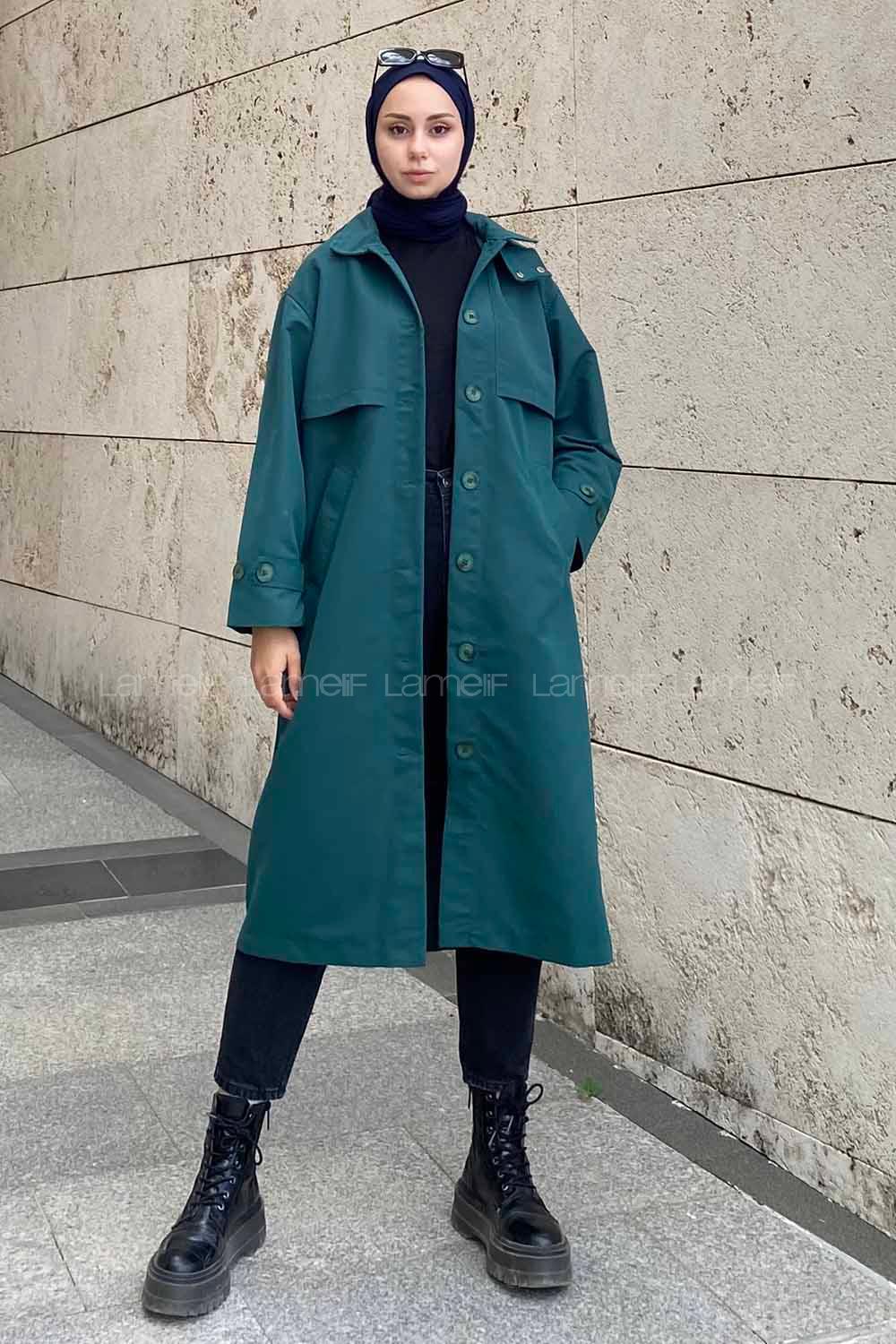Modalamelif Önü Boydan Düğmeli Kapüşon Detaylı Trenç Zümrüt