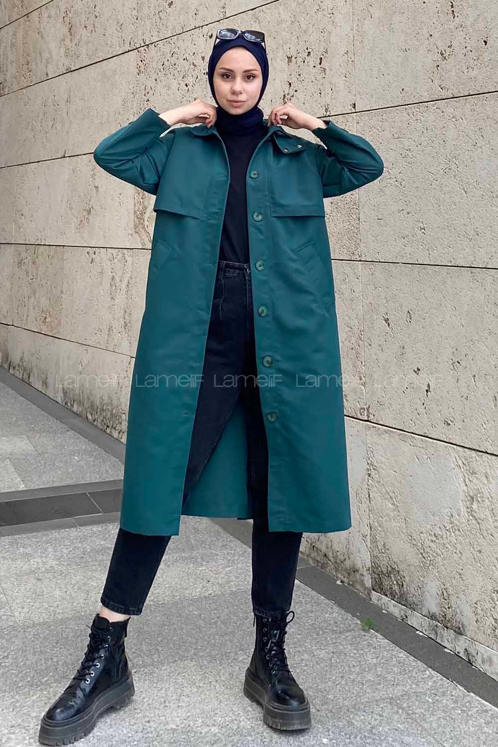 Modalamelif Önü Boydan Düğmeli Kapüşon Detaylı Trenç Zümrüt