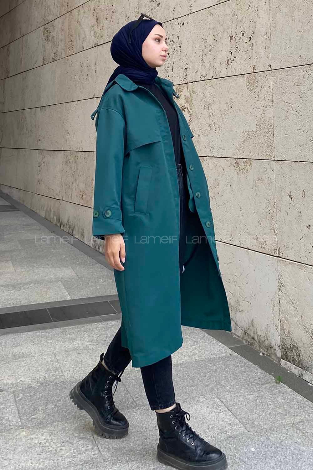 Modalamelif Önü Boydan Düğmeli Kapüşon Detaylı Trenç Zümrüt