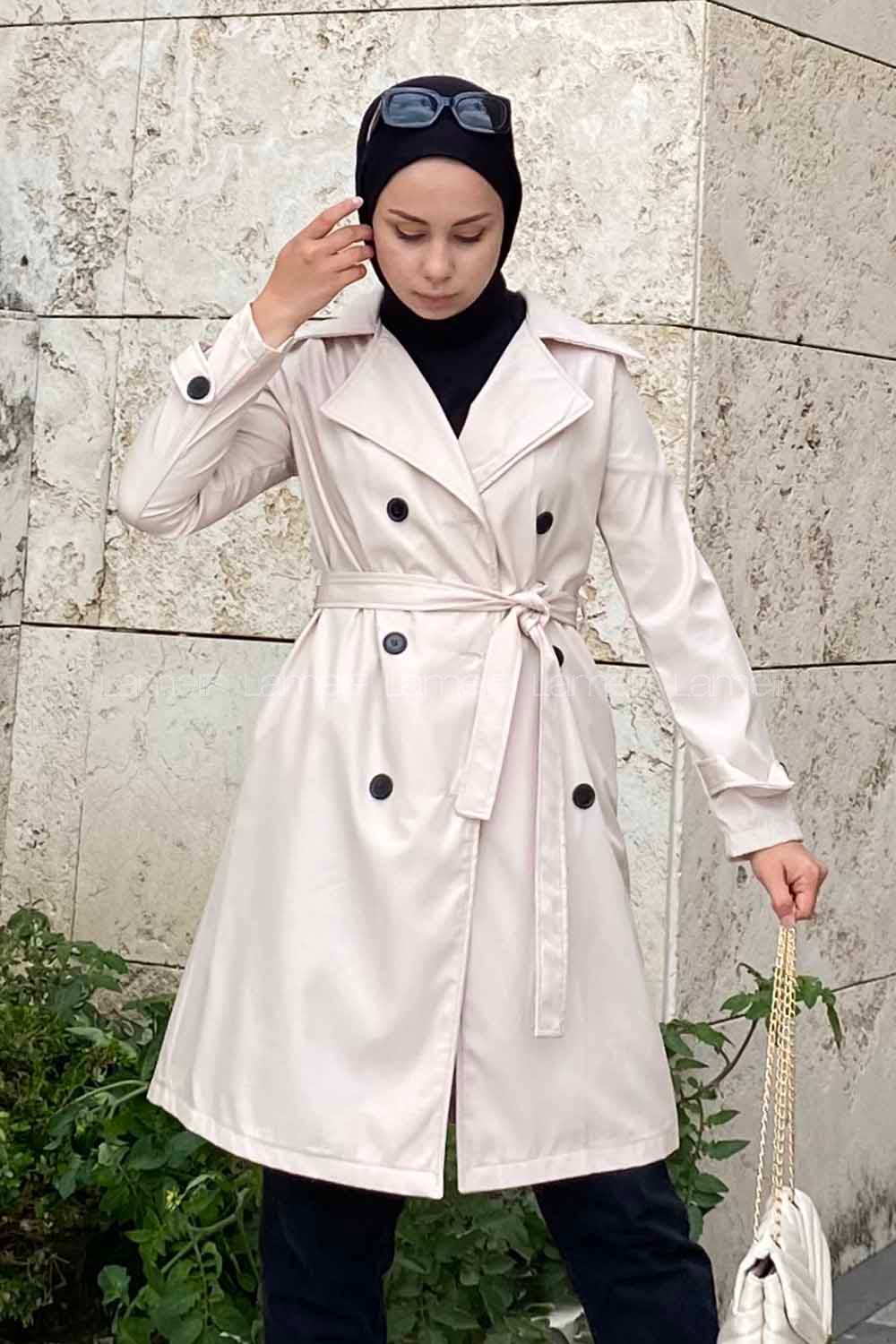 Modalamelif Önü Düğme Detaylı Kuşak Bağlamalı Çift Cepli Trenç Bej