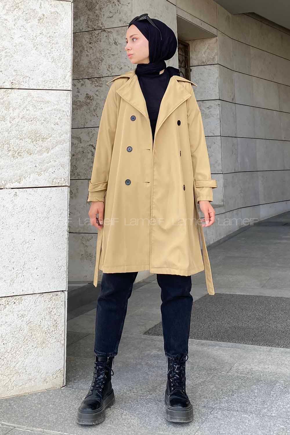 Modalamelif Önü Düğme Detaylı Kuşak Bağlamalı Çift Cepli Trenç Camel