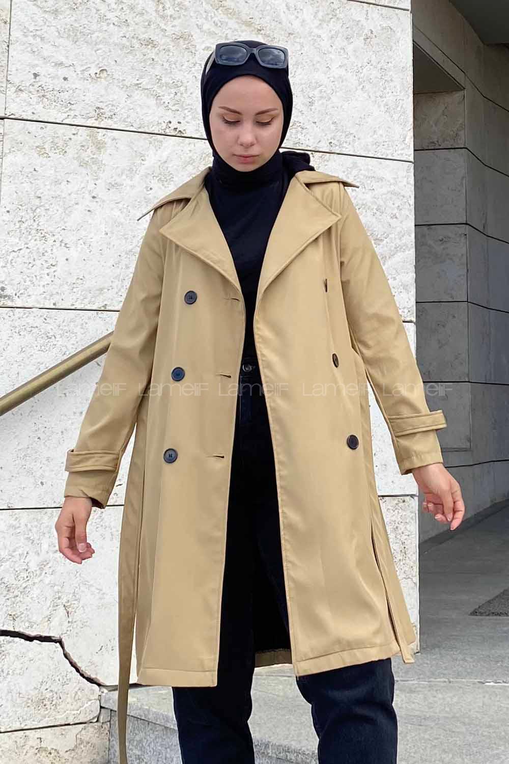 Modalamelif Önü Düğme Detaylı Kuşak Bağlamalı Çift Cepli Trenç Camel